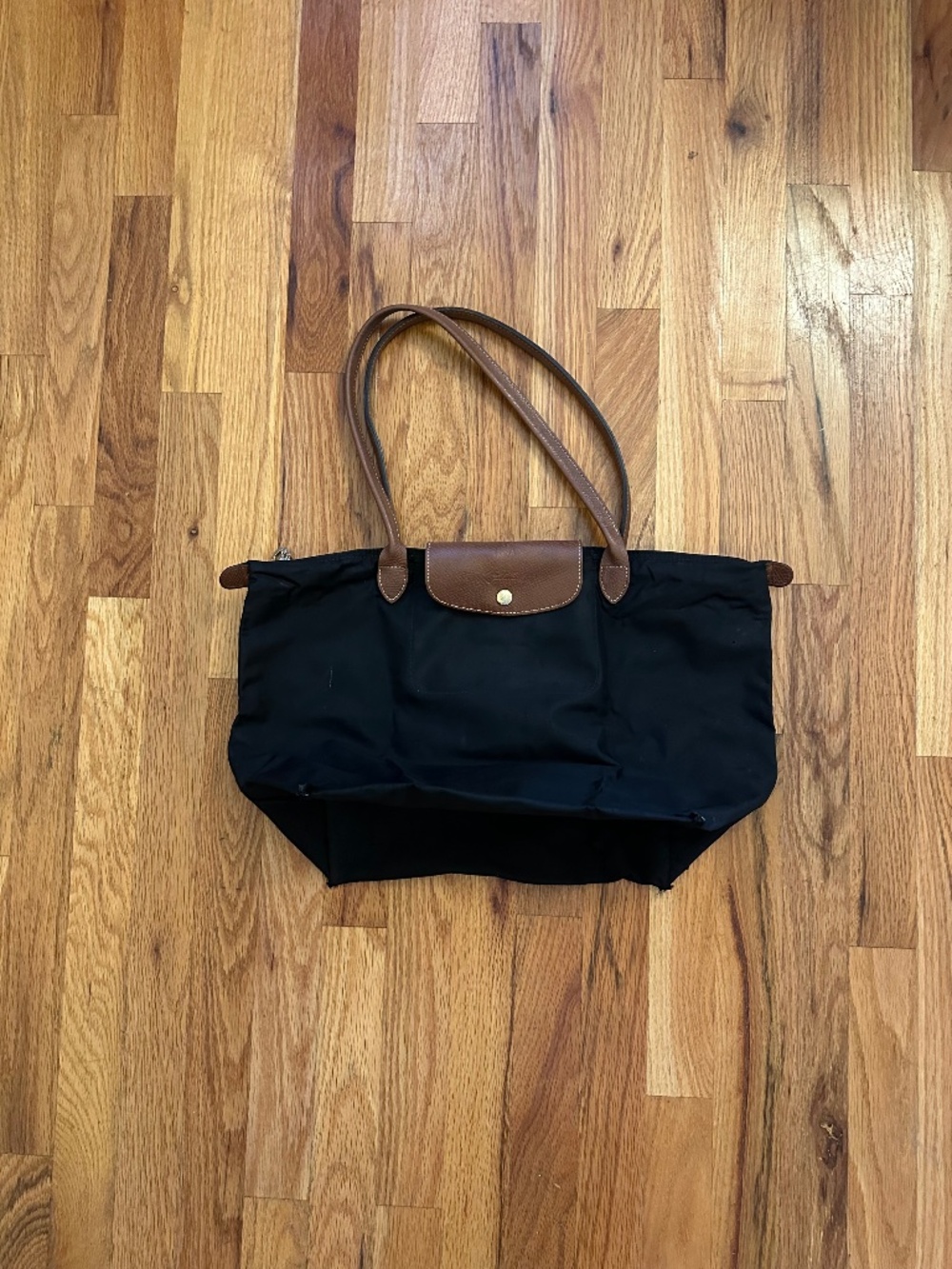 Longchamp Le Pliage Black Nylon Brown Leather Large Tote Bag – Distressed / Repa